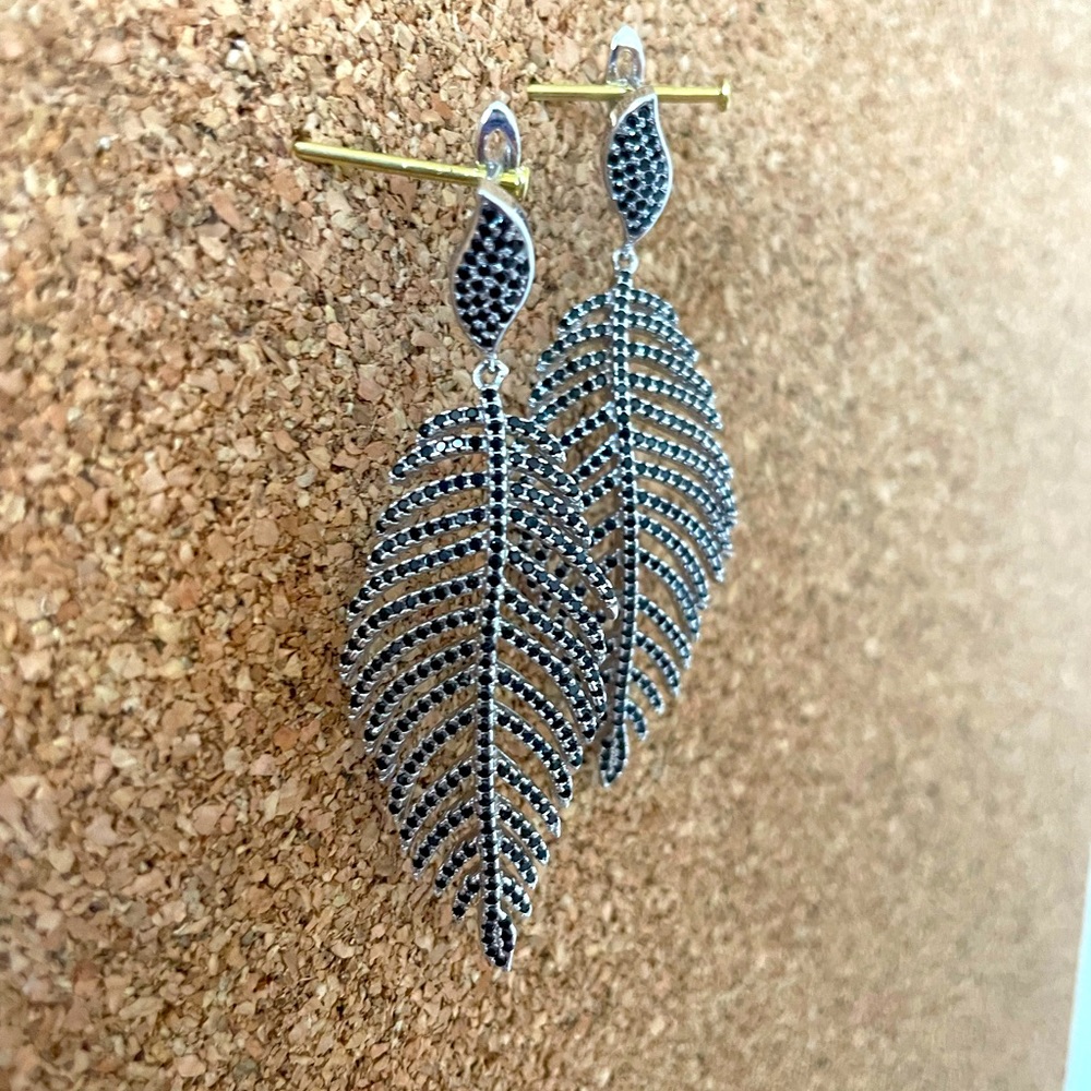 Vintage Sterling Silver Leaf Earrings with diamonds and black diamonds